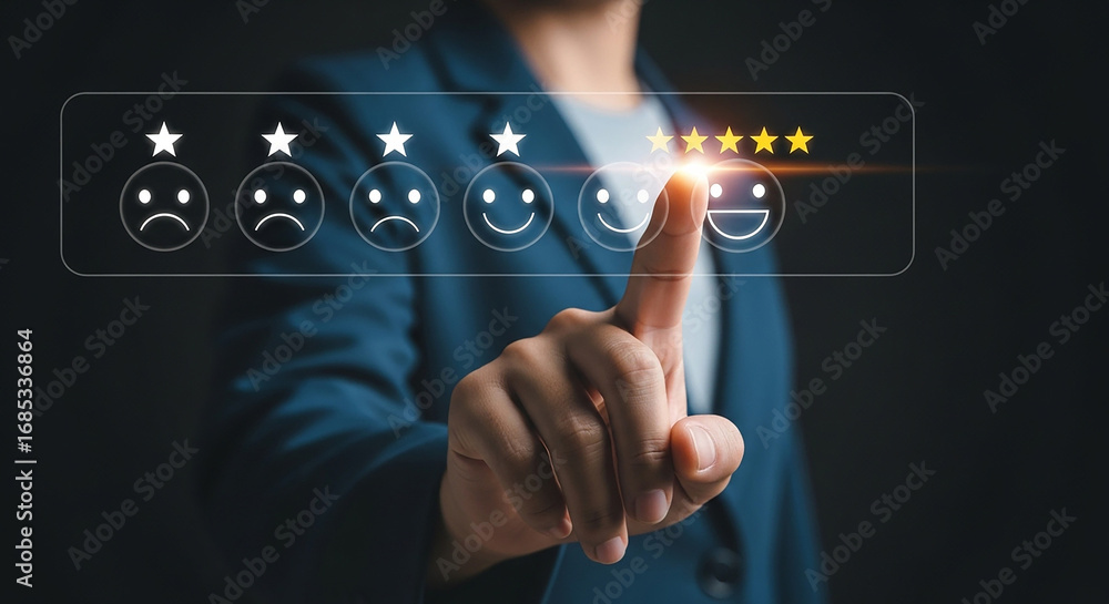 Poster giving five stars a customer s delight shining through a perfect rating on a digital feedback interf