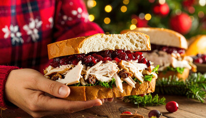 Thanksgiving sandwich with turkey, cranberry sauce, lettuce, and bread held by person wearing red sweater with festive background and holiday decorations creating warm atmosphere