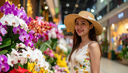 Young woman wearing straw hat and floral dress smiling near colorful orchid flowers in indoor market with warm lighting and blurred background