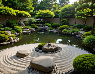 Zen garden with raked sand and large stones near calm pond surrounded by lush green trees and shrubs, creating peaceful and harmonious outdoor space