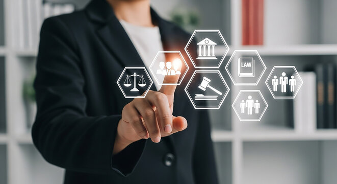 Empowering Justice Woman Navigating Legal Tech with Touchscreen interface for modern solutions and complex strategies
