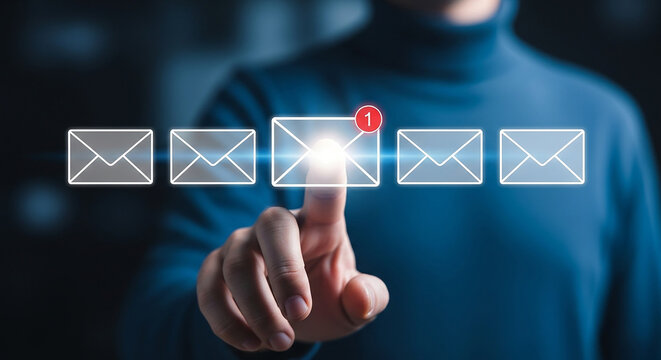 A person taps a glowing digital envelope symbolizing the anticipation of receiving an important email highlighted