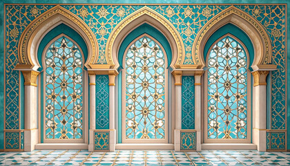 Three arched windows with intricate geometric patterns and teal and gold colors.
