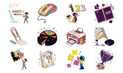 Educational Icons Set with Alphabet ABC, Growth Chart, Bookmark, Brain, Calendar, Alarm Clock, Cloud Storage, Equation Board, Telescope, File Folder and Highlighter