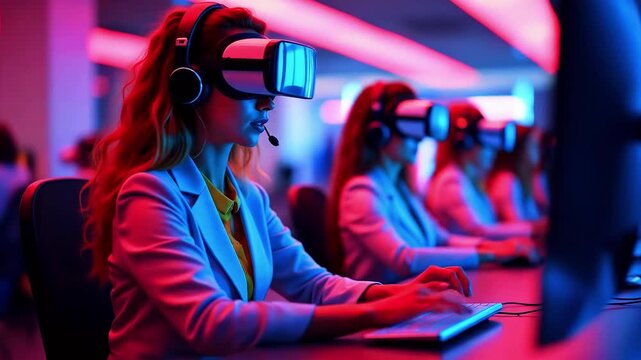 Group of professionals engaged in virtual reality training session in a modern tech environment