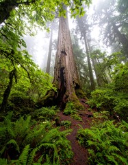 Majestic redwood in a misty forest