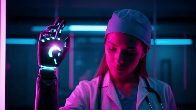 A female surgeon in a futuristic lab examines a glowing bionic prosthetic hand, representing innovation in medical technology, robotics and healthcare
