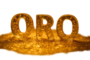 A large gold letter O with a pile of gold glitter on top of it