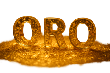 A large gold letter O with a pile of gold glitter on top of it