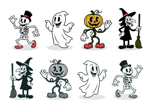 Retro Halloween Cartoon Characters in 1930s Rubber Hose Style - Set 2
