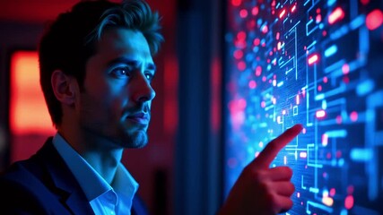 Business professional interacting with a digital interface displaying data patterns in a futuristic setting - Powered by Adobe