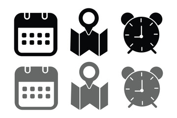Time, date and address icon set. Calendar, clock, location. Editable stroke. Linear vector outline illustration. Vector illustration.