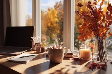 Cozy autumn atmosphere of home office workspace, panoramic view on golden park in modern city, mug of hot chocolate with marshmallows, bouquet of red leaves, school laptop and notebooks on the table