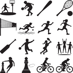 Silhouettes of people playing sports and chess on white background Keywords: sports, silhouette