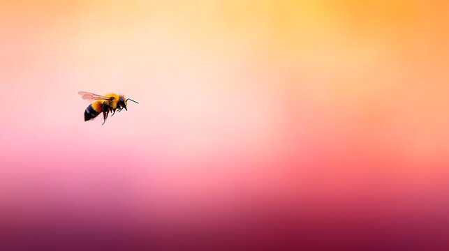 A solitary bee flies through a soft colorful gradient sky at sunset