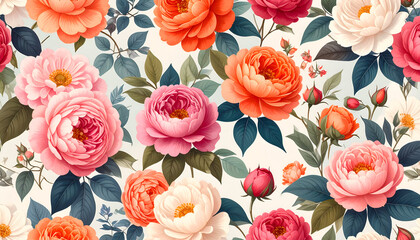 Floral pattern featuring roses in various shades of pink orange and cream.