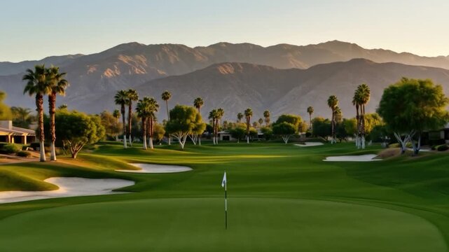Scenic golf course view with distant mountains and lush green fairway