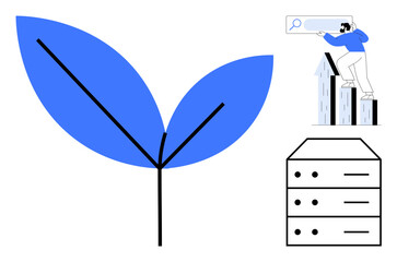 Large blue leaf symbolizes growth stacked servers for technology, man searching on urban data. Ideal for sustainability, innovation, IT development, analytics, growth, progress, simple flat metaphor