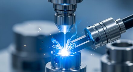 Extreme macro close-up of a robotic micro-welder fusing polished titanium components with a glowing blue laser, showcasing futuristic precision in a high-tech cleanroom environment.