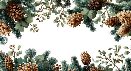 Fototapeta premium Elegant Pine Cone and Greenery Border Illustration on Transparent Background