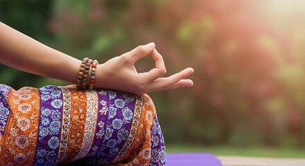 Woman s hand in gyan mudra gesture during outdoor meditation with sun flare