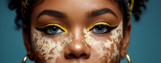 Bold Eye Makeup Editorial Portrait for Fashion Campaigns and Beauty Editorial Use – Close-up Portrait of a Woman with Vibrant Makeup and Skin Patterns
