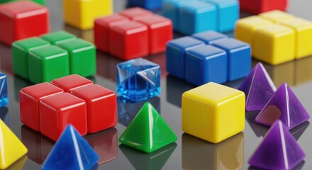 Obraz premium Colorful Building Blocks on Reflective Surface