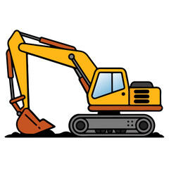 Excavator construction machine, Yellow excavator isolated on white background vector illustration, 