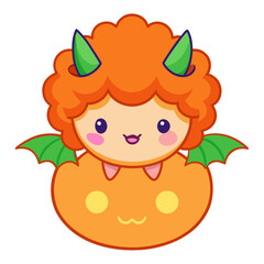 Naklejka premium Adorable kawaii pumpkin bat character with green wings and horns
