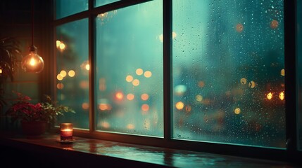 Raindrops on a window overlooking soft city lights, with a candle and plant on the windowsill. Calm, cozy interior scene with warm and cool tones.