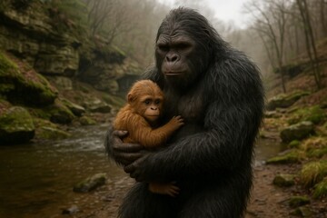 Bigfoot and Baby by a Creek on Overcast Rainy Day in the Wilderness, Sasquatch Holding Infant