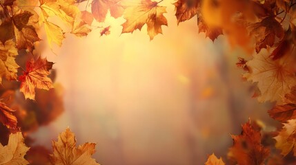 Warm cozy autumn backdrop with falling maple leaves in sunlight for banner, greeting card, book cover, and promotional materials, template or wallpaper for text or logo, Vibrant orange yellow colors