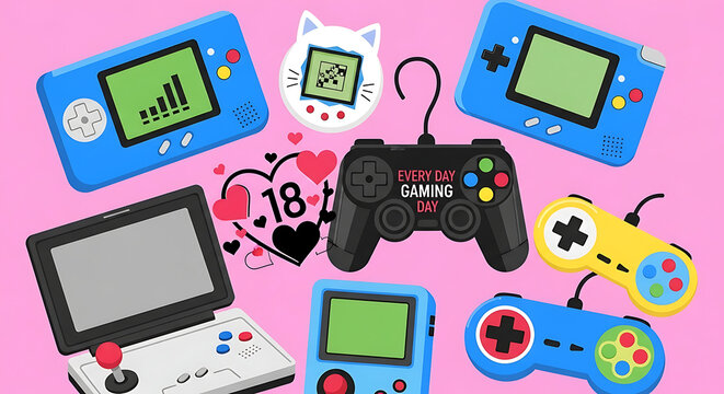 Collection of retro and modern video game consoles and controllers on a pink background - Powered by Adobe
