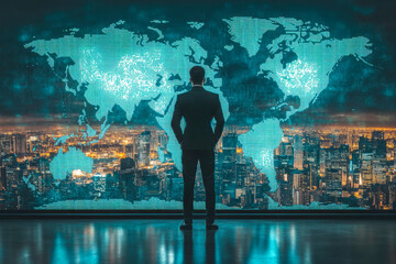 Businessman standing, hands in pockets, looking at glowing digital world map over modern city skyline at night. Global business strategy vision.