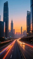 Cityscape at Dusk with Light Trails on a Highway