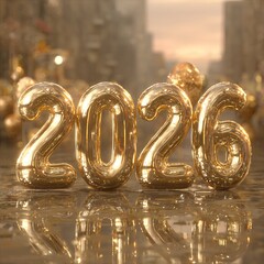 Golden 3D '2026' numbers reflecting on a wet surface with a blurred festive city street background. New Year celebration.