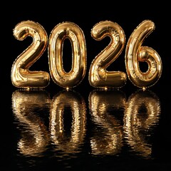 Golden 2026 Foil Balloons with Reflective Surface on Black Background