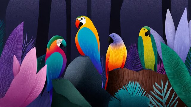 Colorful parrots in vibrant jungle setting