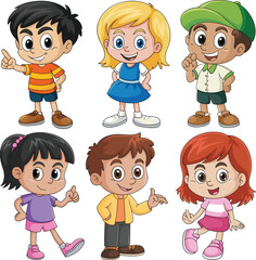 Cute cartoon children set, diverse happy kids in colorful outfits, smiling boys and girls characters, vector illustration for education, design
