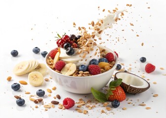 Dynamic food scene with yogurt bowl in center, explosion of fresh berries, granola clusters, nuts, and honey drops bursting outward, healthy and vibrant breakfast concept
