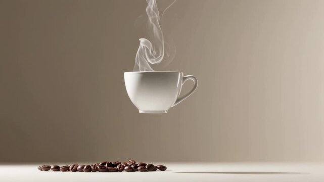White cup with hot coffee levitates over a pile of coffee beans on a white background, steam rises and swirls creating elegant shapes, isolated on white