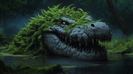 Enchanted Creature Emerging from Water Surrounded by Lush Greenery and Mystical Atmosphere