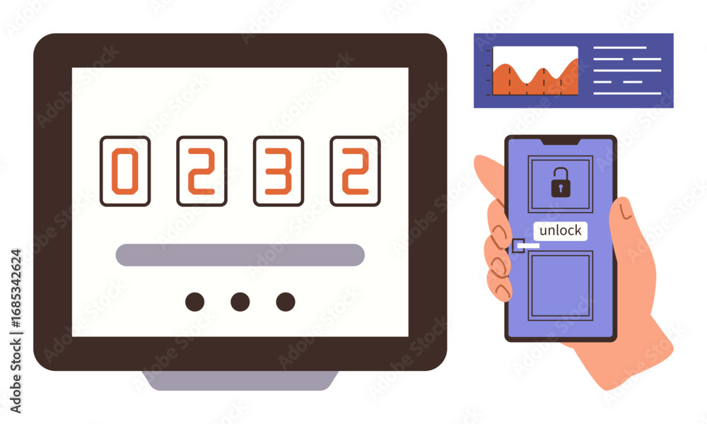 Poster security login process combining mobile unlock code and computer interface. ideal for cybersecurity,