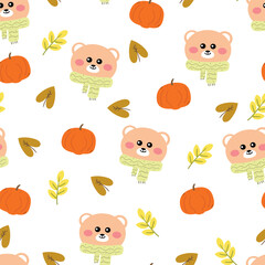 Seamless pattern cartoon cute bear with autumn vibes. cute autumn fall wallpaper for fabric print, gift wrapper