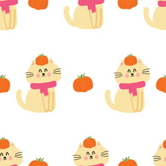 Seamless pattern cartoon cute kitten wearing scarf and pumpkin with autumn vibes. cute autumn fall wallpaper for fabric print, gift wrapper