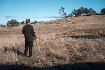 regenerative organic farmer, taking soil samples and looking at plant growth in a farm. practicing sustainable agriculture on a crop farm with livestock cows