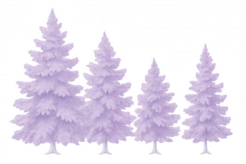 Purple fluffy christmas trees varying in height, decorative winter holiday graphic elements set against transparent background