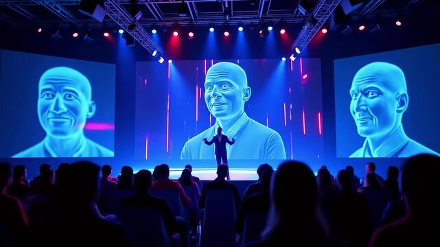 A speaker presents on stage with digital avatars displayed on large screens in a vibrant, illuminated setting