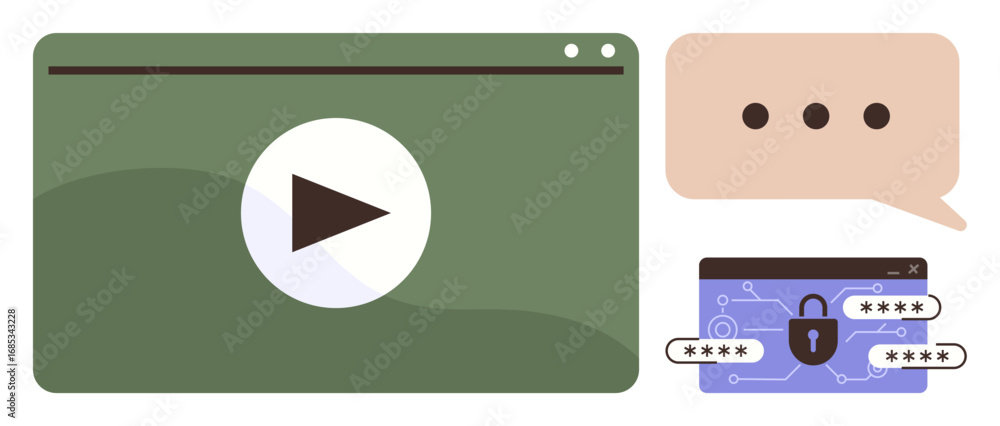 Poster media player screen with play button, chat bubble with dots, and password-protection interface. idea
