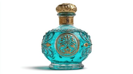 Elegant Teal Glass Perfume Bottle with Gold Accents Isolated on White Background Luxury Fragrance Container Design